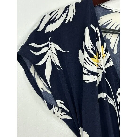 Maggy London Women Sz 8 Navy And Yellow Tropical Floral Cap Sleeve Wrap Dress N4 - Picture 7 of 11